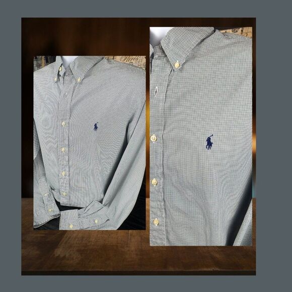 Ralph Lauren Custom Fit L/S Button-Down Oxford Shirt Green Tattersal 16 34/35 - Picture 6 of 9